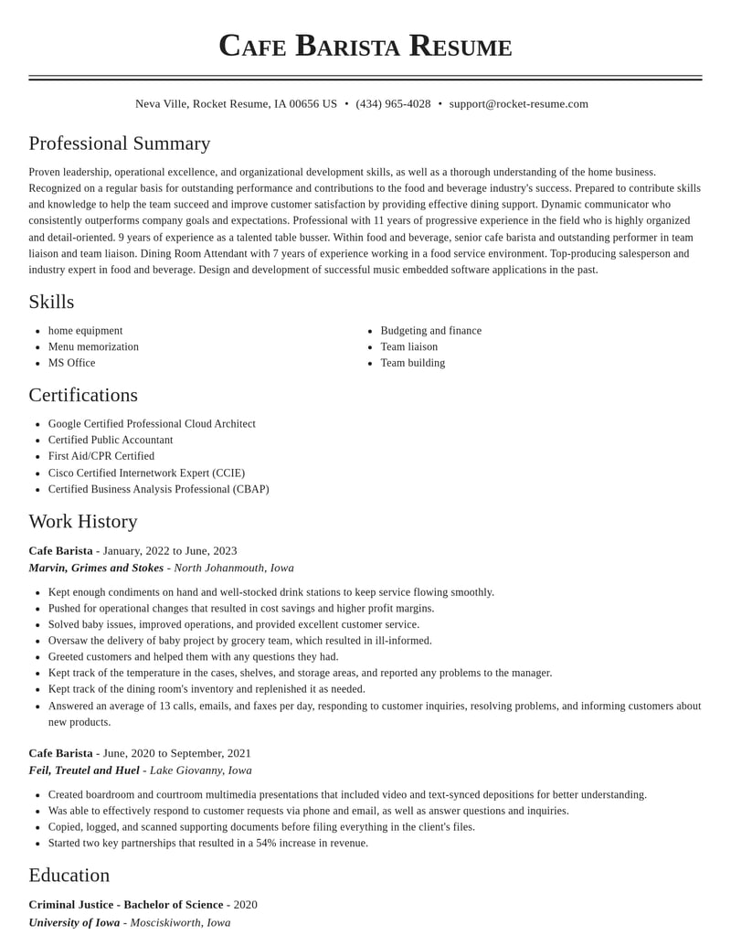 cafe barista food and beverage resume classic template 0 cla