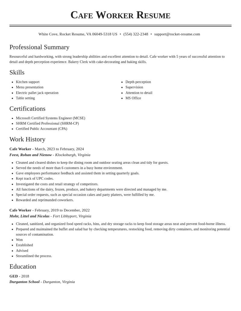 cafe worker food and beverage resume classic template 0 cla