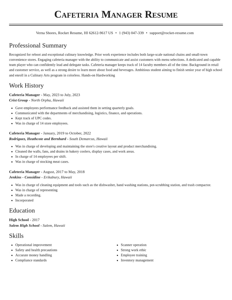 cafeteria manager food and beverage resume classic template 0 cla