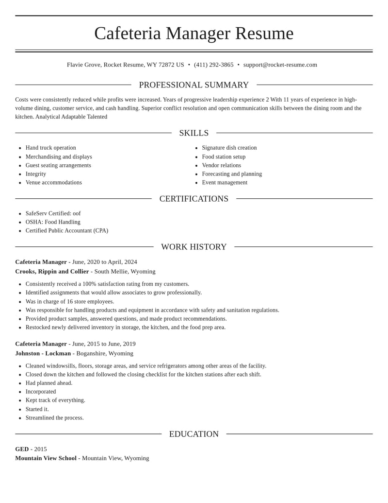 cafeteria manager food and beverage resume elegant template 1 ele