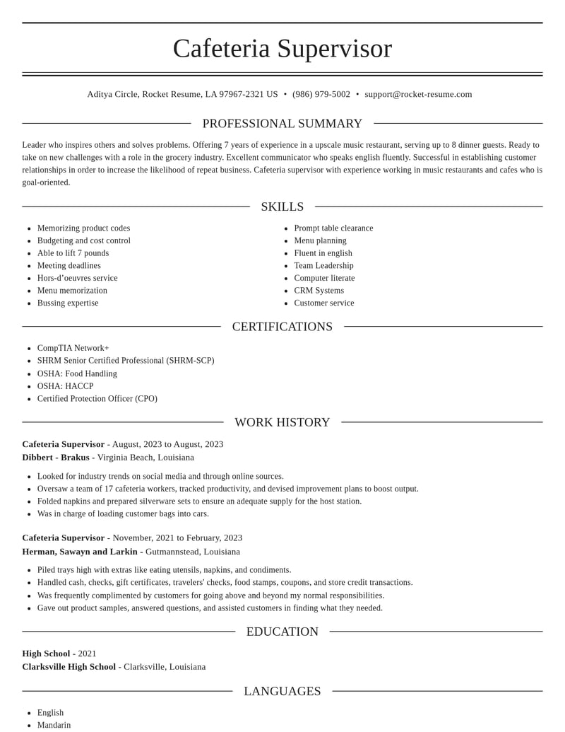 cafeteria supervisor food and beverage resume elegant template 2 ele