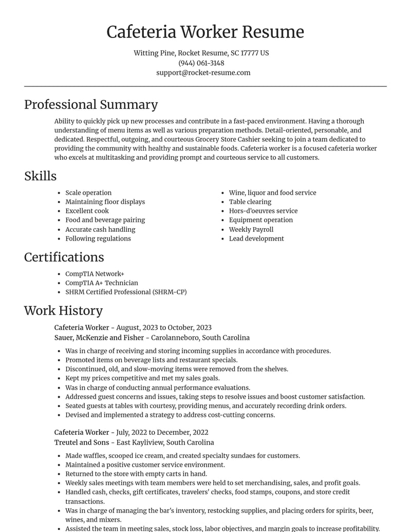 cafeteria worker food and beverage resume focal point template 2 foc