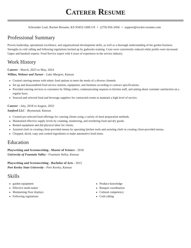 caterer food and beverage resume classic template 2 cla
