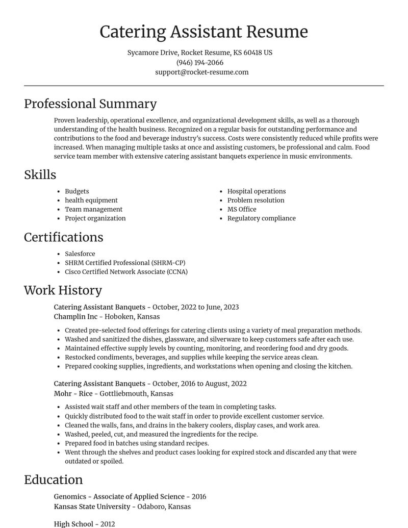 catering assistant banquets food and beverage resume focal point template 1 foc