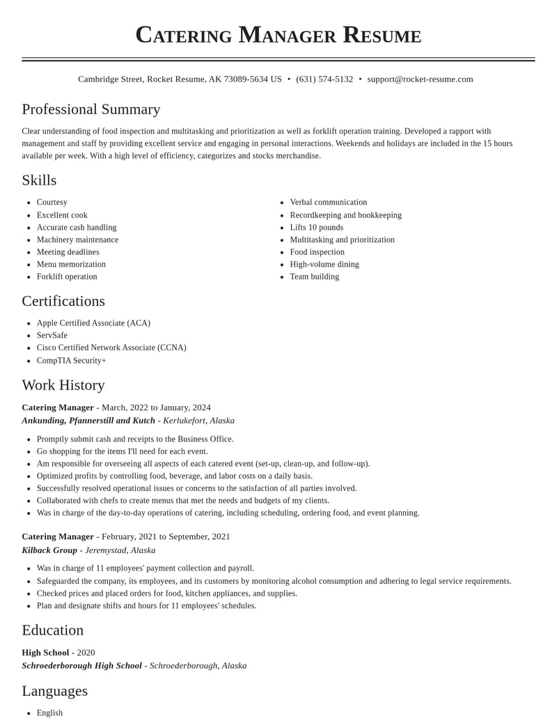 catering manager food and beverage resume classic template 0 cla