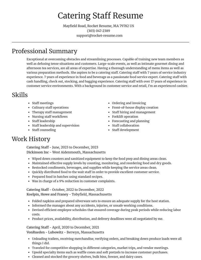 catering staff food and beverage resume focal point template 1 foc