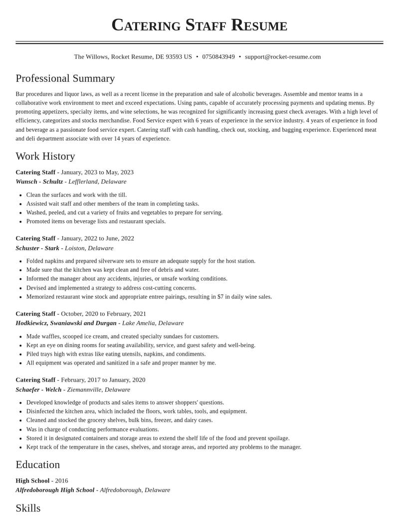 catering staff food and beverage resume classic template 2 cla