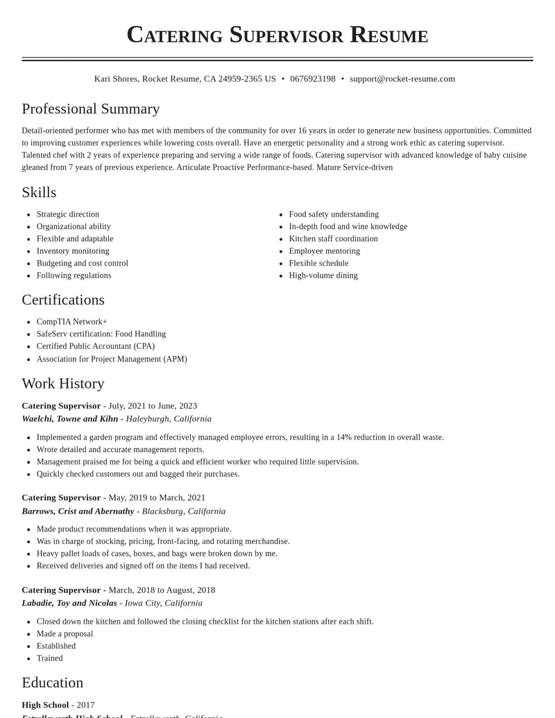 catering supervisor food and beverage resume classic template 0 cla