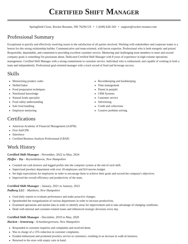 certified shift manager food and beverage resume classic template 2 cla