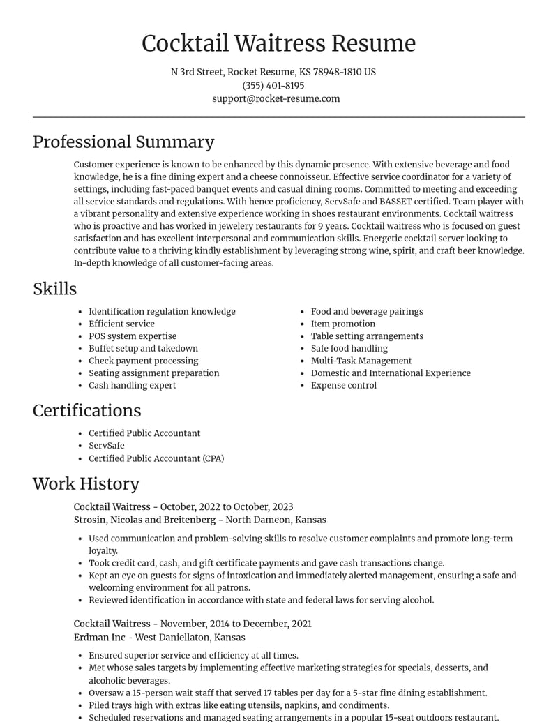 cocktail waitress food and beverage resume focal point template 0 foc