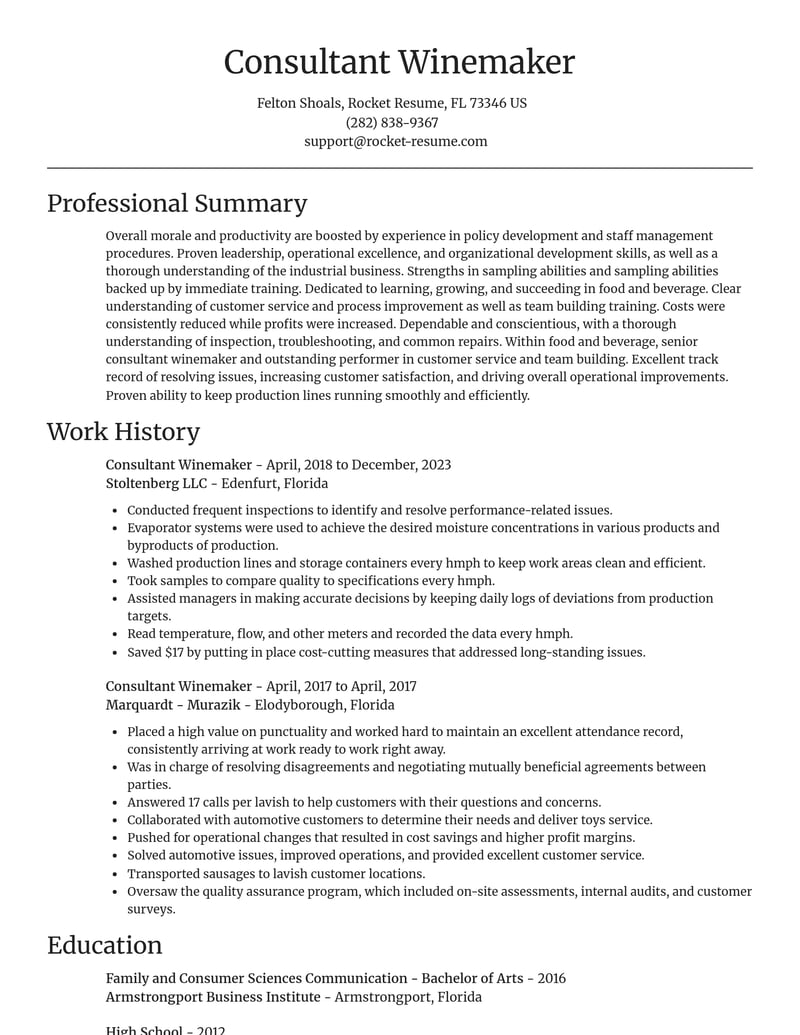 consultant winemaker food and beverage resume focal point template 0 foc