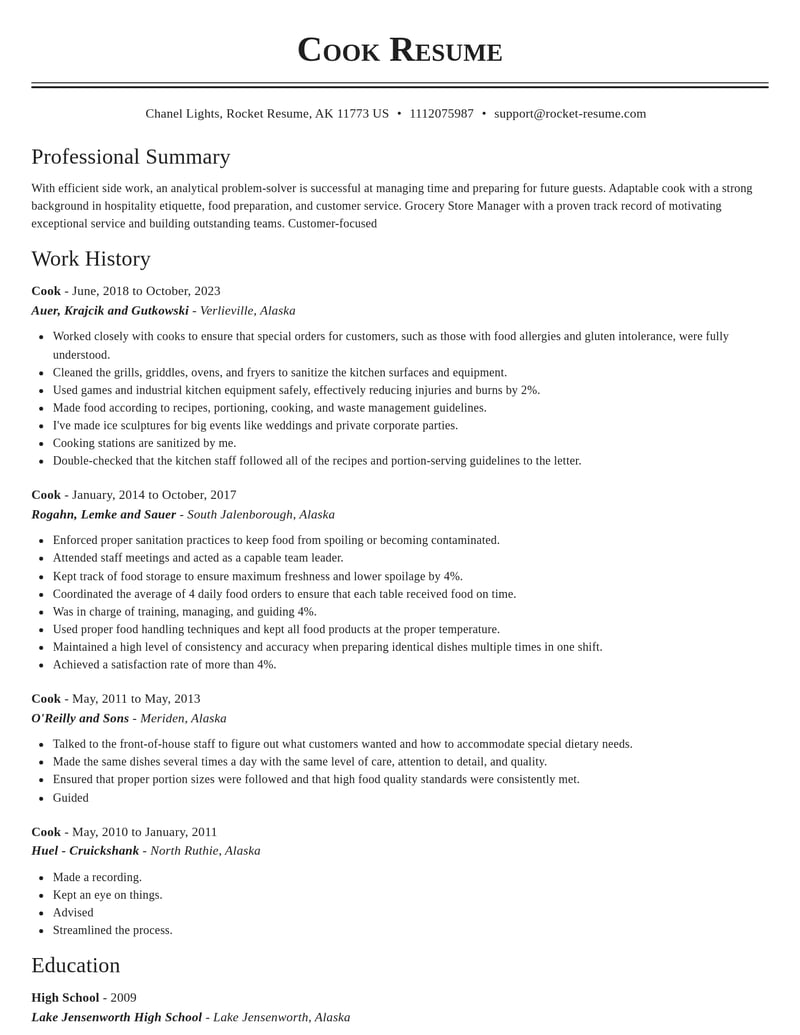cook food and beverage resume classic template 1 cla