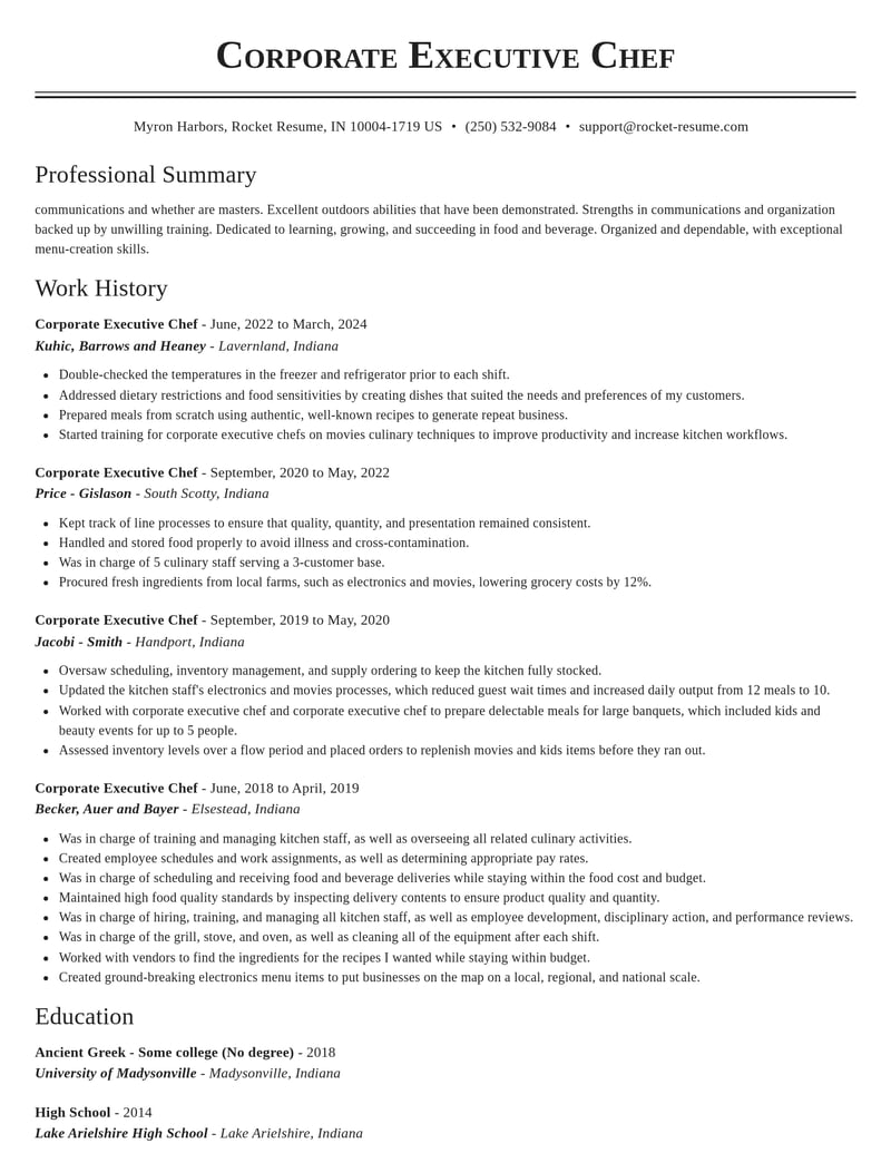 corporate executive chef food and beverage resume classic template 2 cla