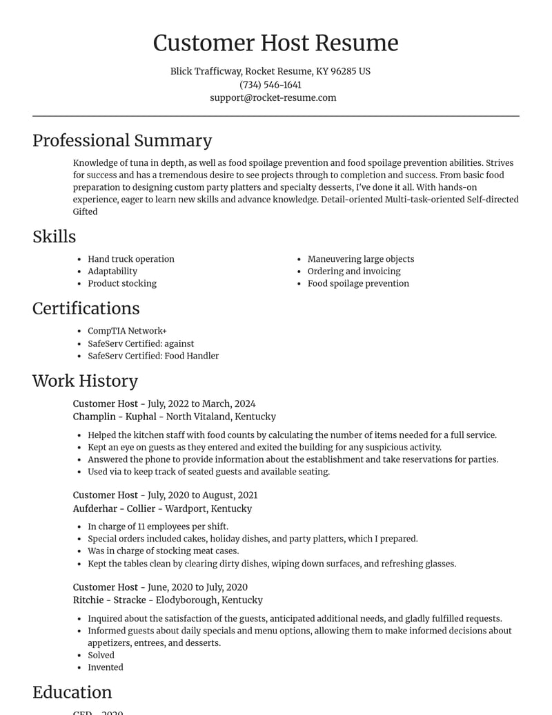 customer host food and beverage resume focal point template 1 foc