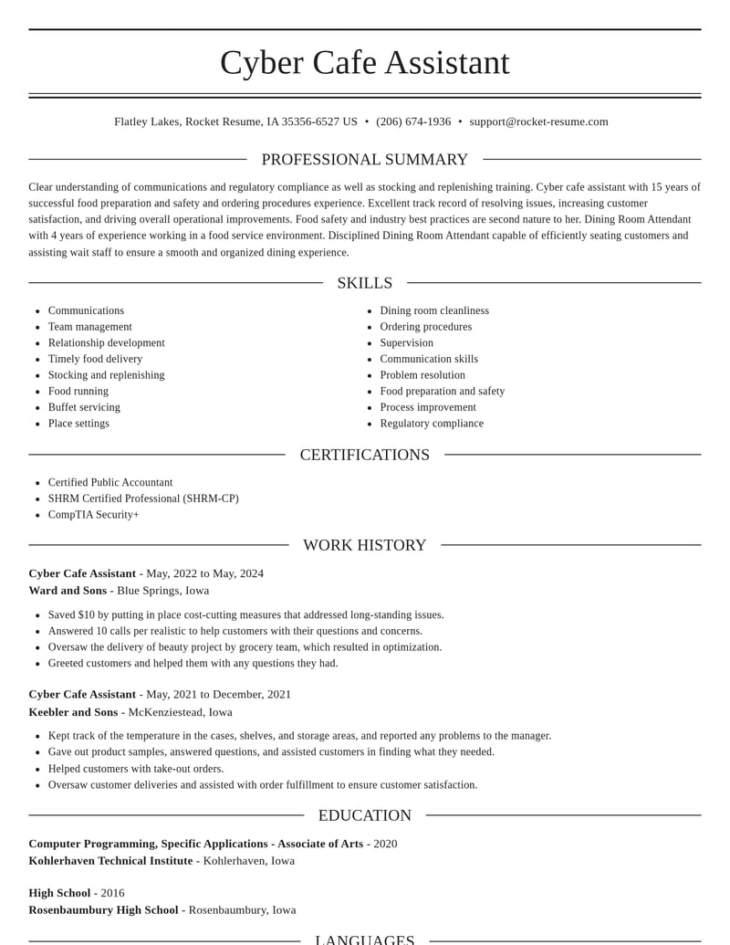 cyber cafe assistant food and beverage resume elegant template 2 ele