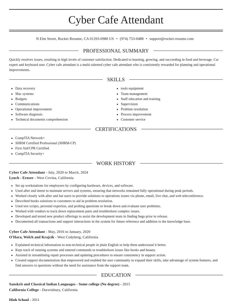 cyber cafe attendant food and beverage resume elegant template 0 ele