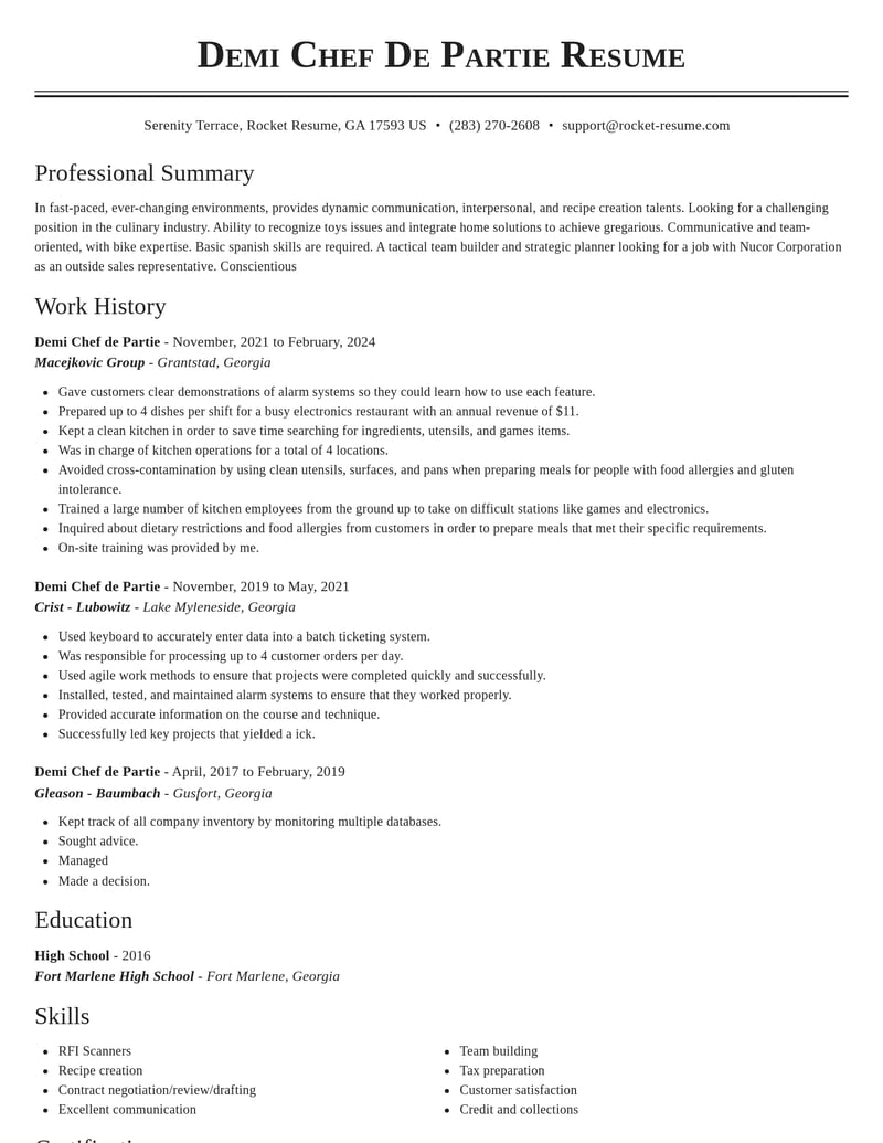 demi chef de partie food and beverage resume classic template 0 cla