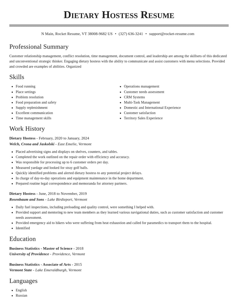 dietary hostess food and beverage resume classic template 0 cla