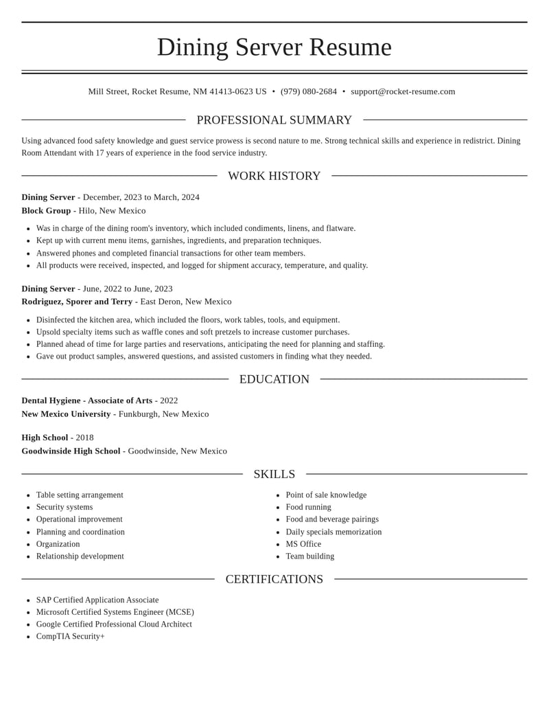 dining server food and beverage resume elegant template 0 ele