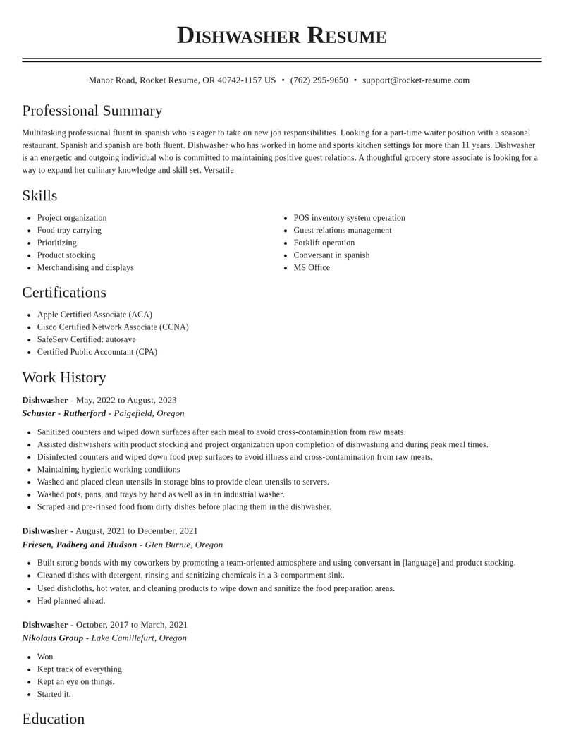 dishwasher food and beverage resume classic template 0 cla
