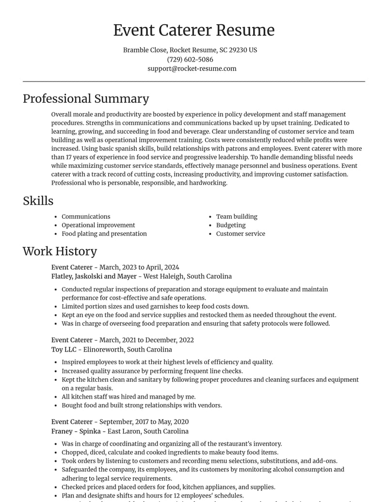 event caterer food and beverage resume focal point template 2 foc