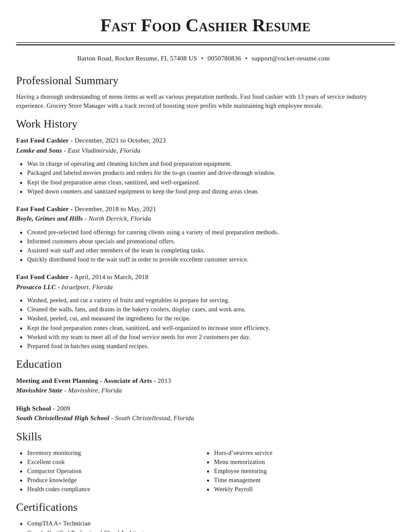 fast food cashier food and beverage resume classic template 2 cla