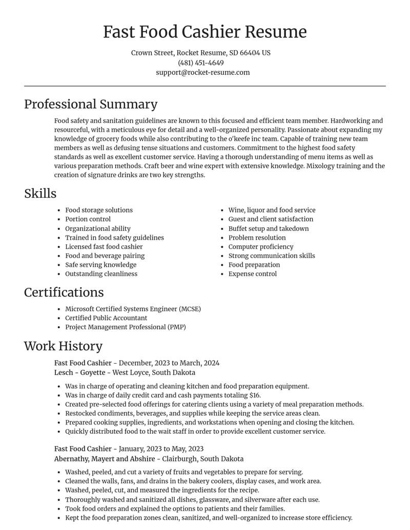 fast food cashier food and beverage resume focal point template 2 foc