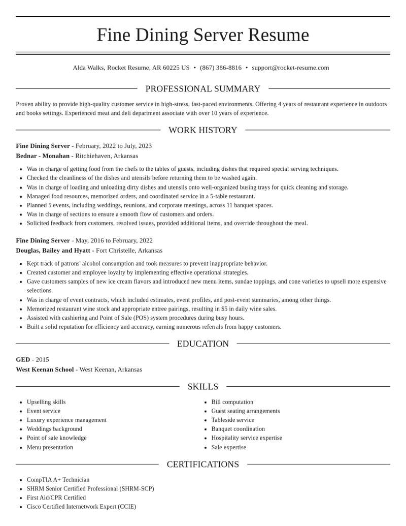 fine dining server food and beverage resume elegant template 0 ele