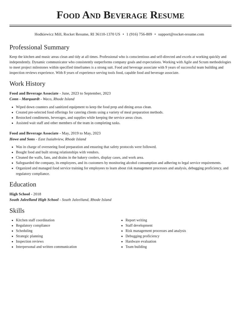 food and beverage associate food and beverage resume classic template 2 cla