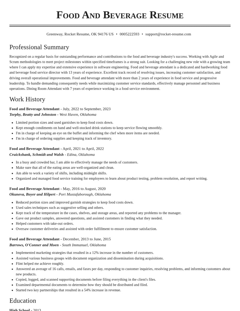 food and beverage attendant food and beverage resume classic template 0 cla