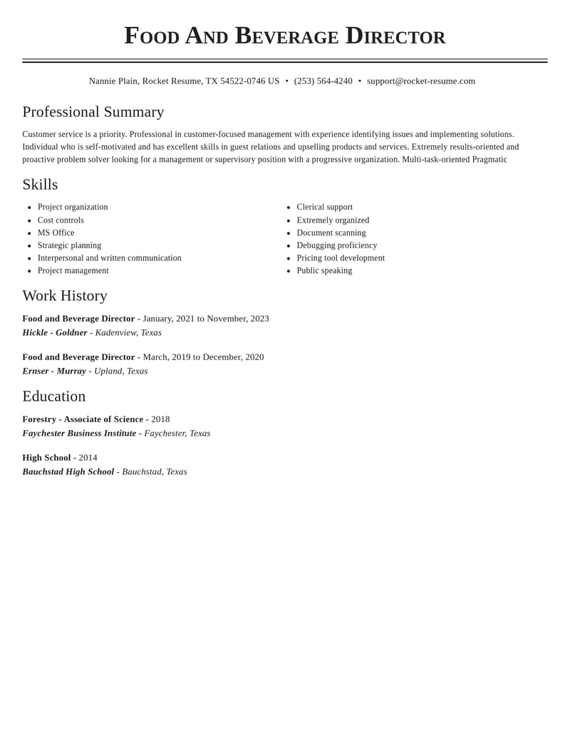 food and beverage director food and beverage resume classic template 2 cla