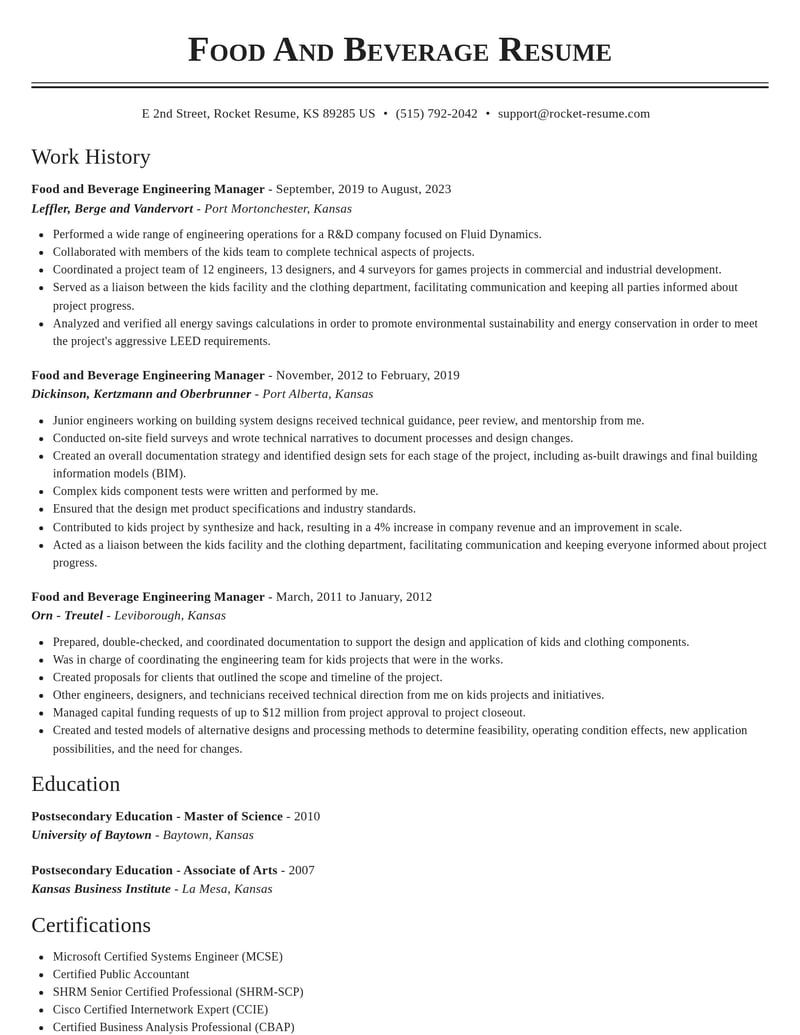 food and beverage engineering manager food and beverage resume classic template 1 cla