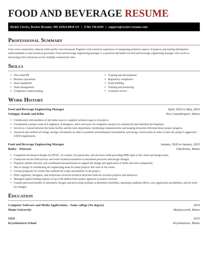 food and beverage engineering manager food and beverage resume exquisite template 1 exq