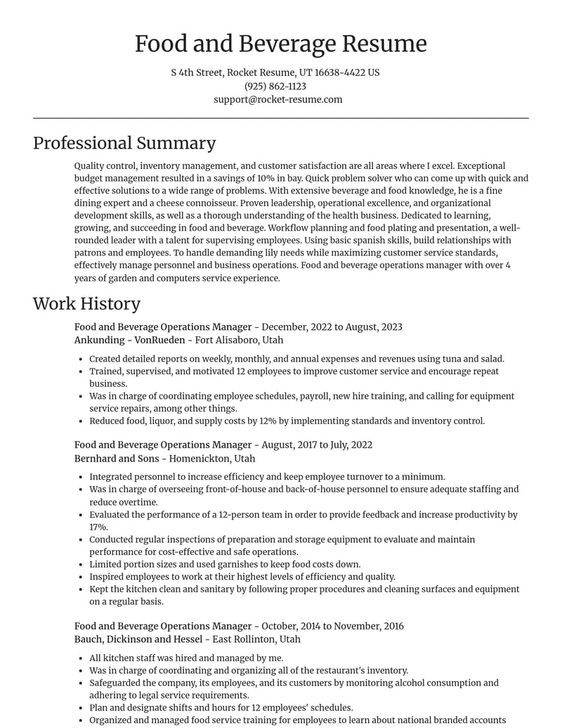 food and beverage operations manager food and beverage resume focal point template 1 foc