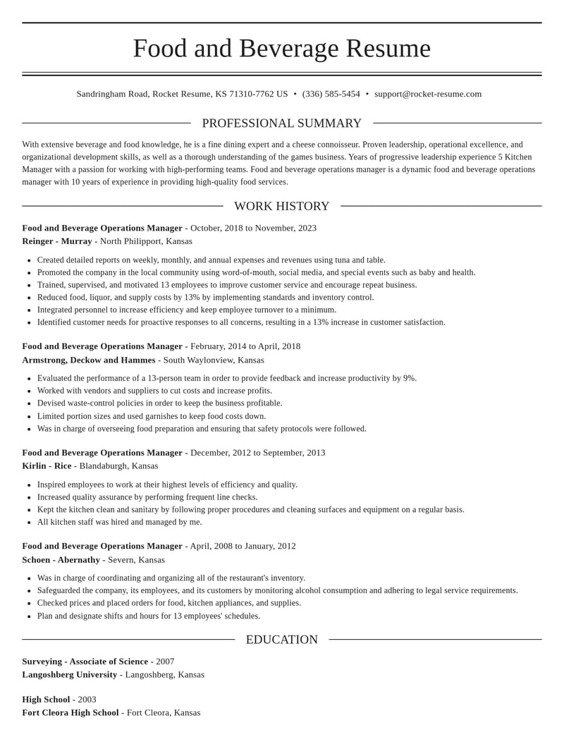 food and beverage operations manager food and beverage resume elegant template 2 ele