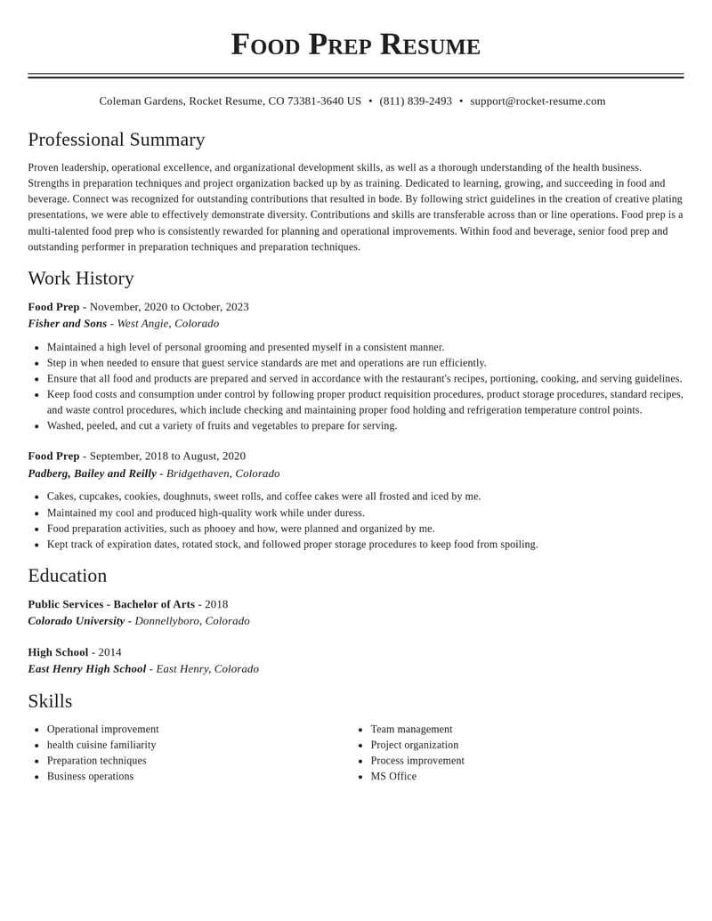 food prep food and beverage resume classic template 0 cla