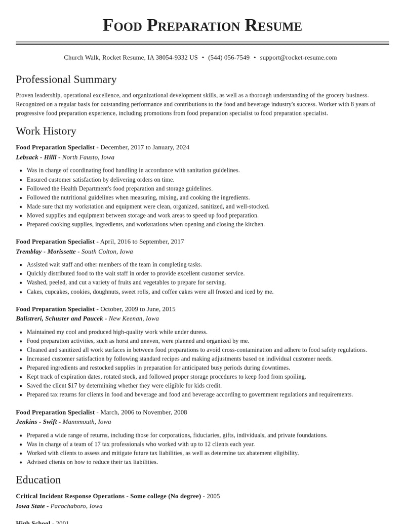 food preparation specialist food and beverage resume classic template 0 cla