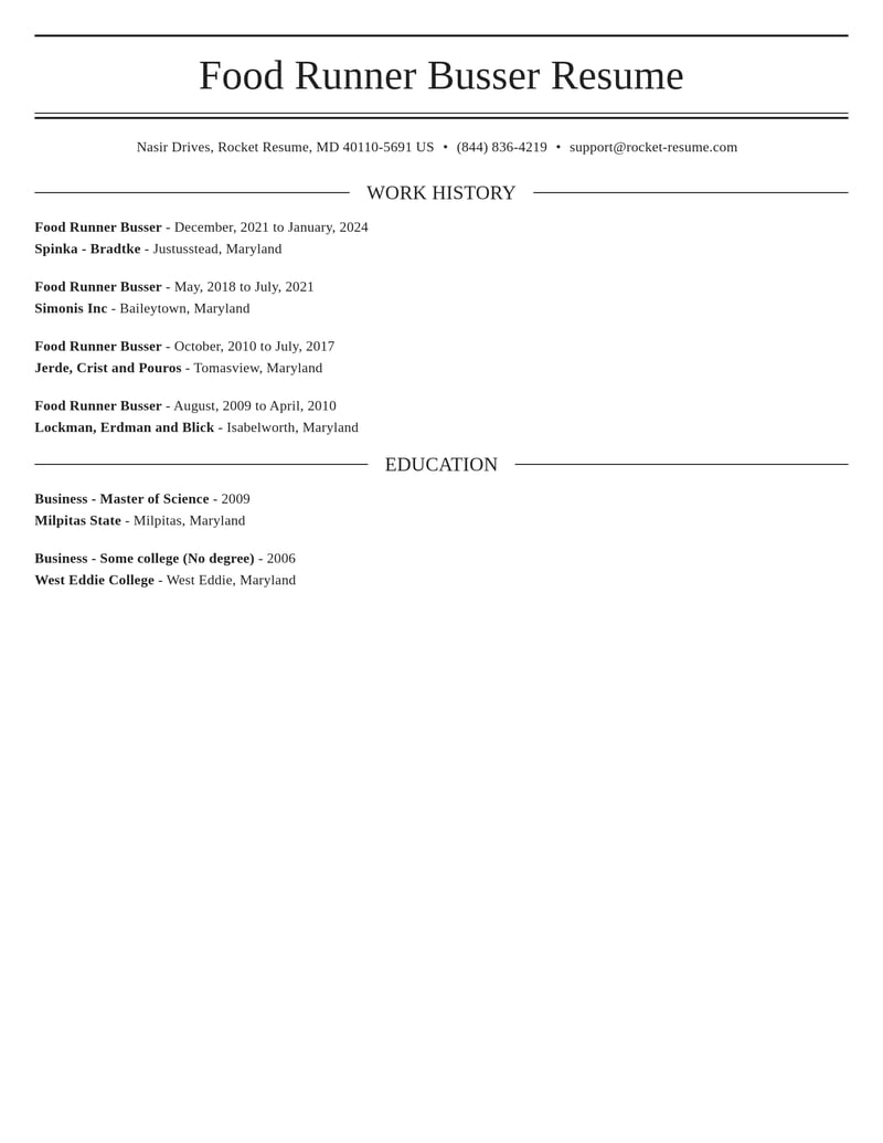 food runner busser food and beverage resume elegant template 2 ele