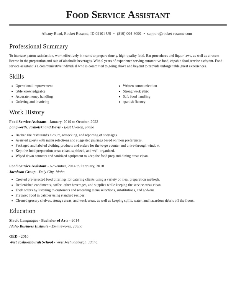 food service assistant food and beverage resume classic template 1 cla