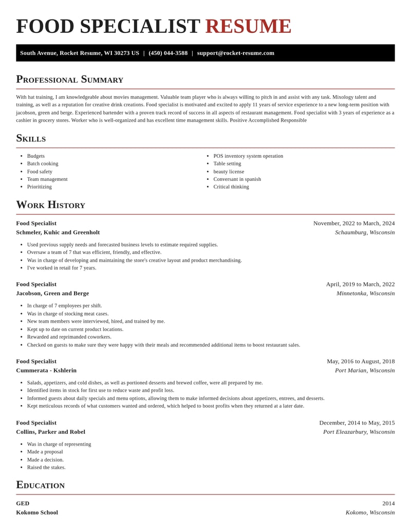 food specialist food and beverage resume exquisite template 2 exq