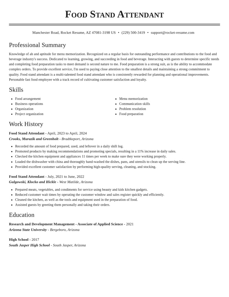 food stand attendant food and beverage resume classic template 0 cla