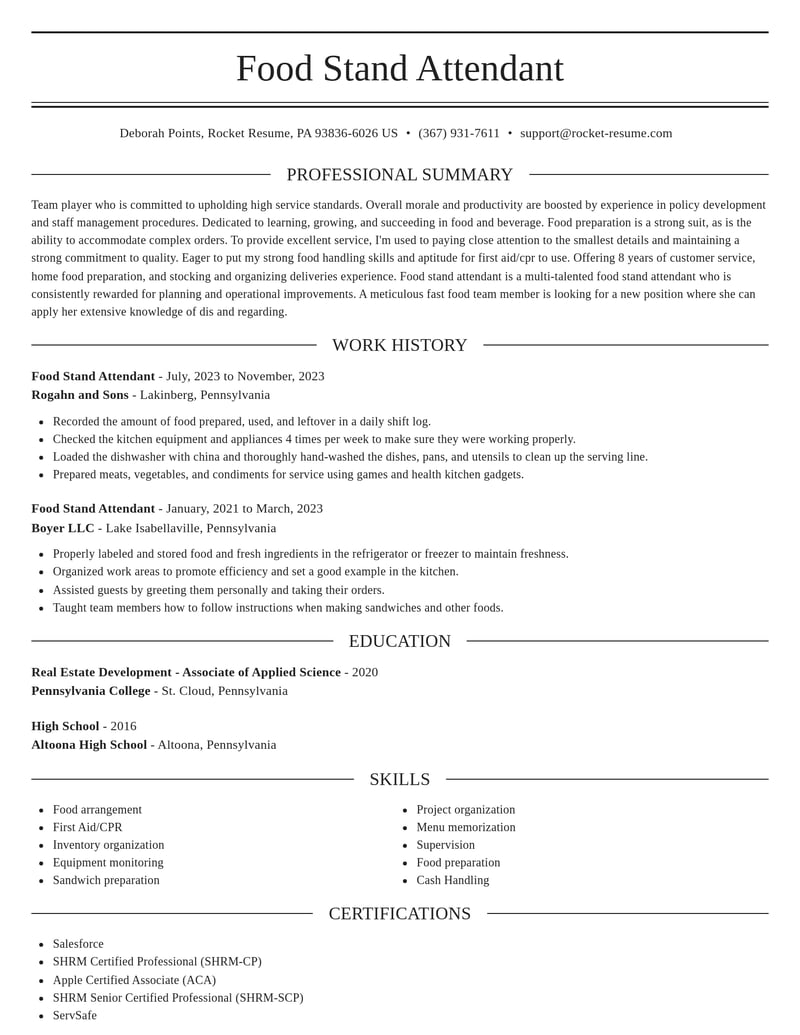 food stand attendant food and beverage resume elegant template 1 ele