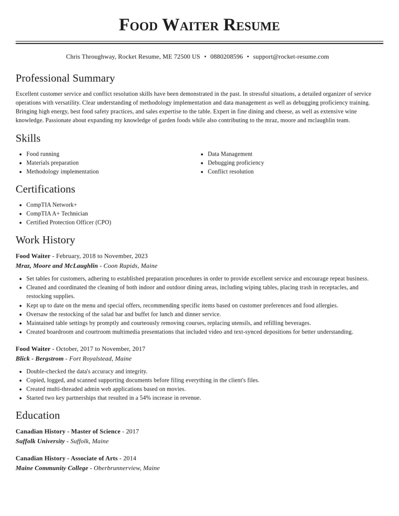 food waiter food and beverage resume classic template 1 cla