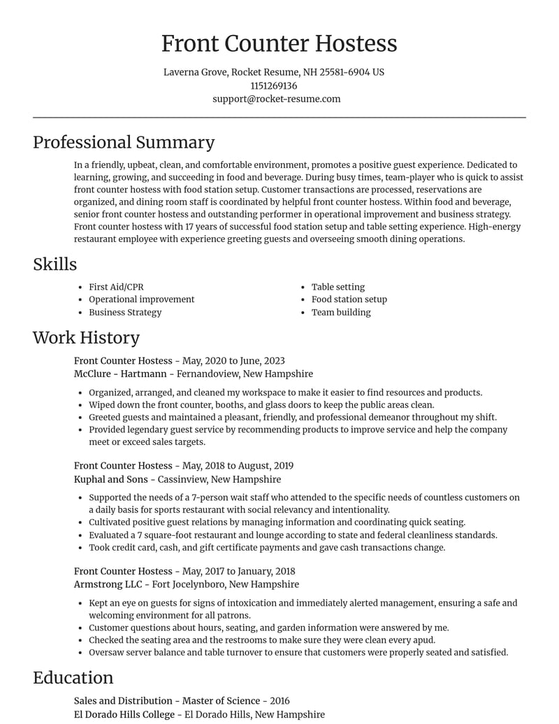 front counter hostess food and beverage resume focal point template 2 foc