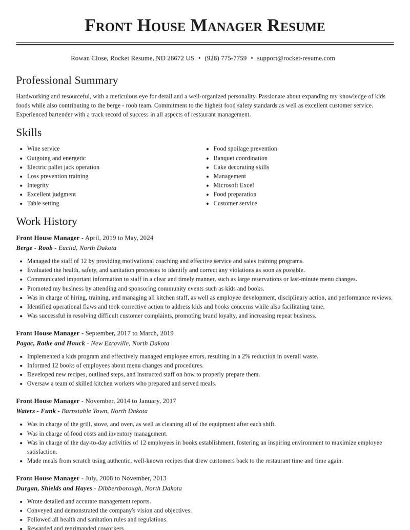 front house manager food and beverage resume classic template 0 cla