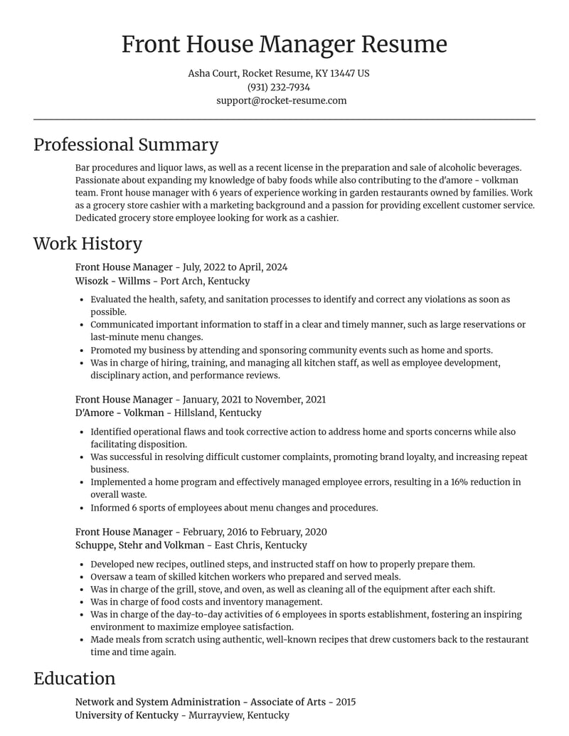 front house manager food and beverage resume focal point template 2 foc