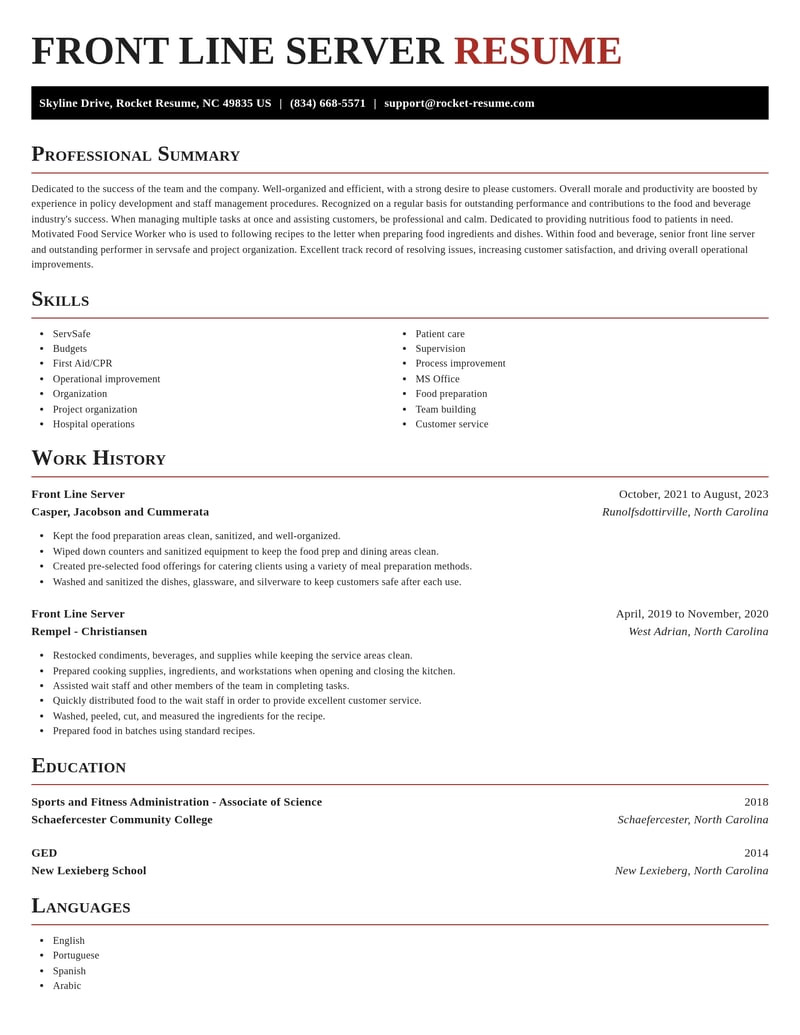 front line server food and beverage resume exquisite template 2 exq