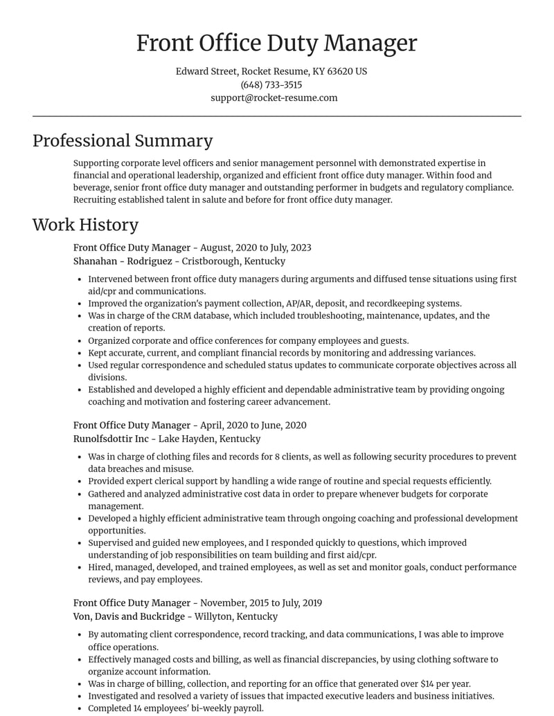front office duty manager food and beverage resume focal point template 2 foc