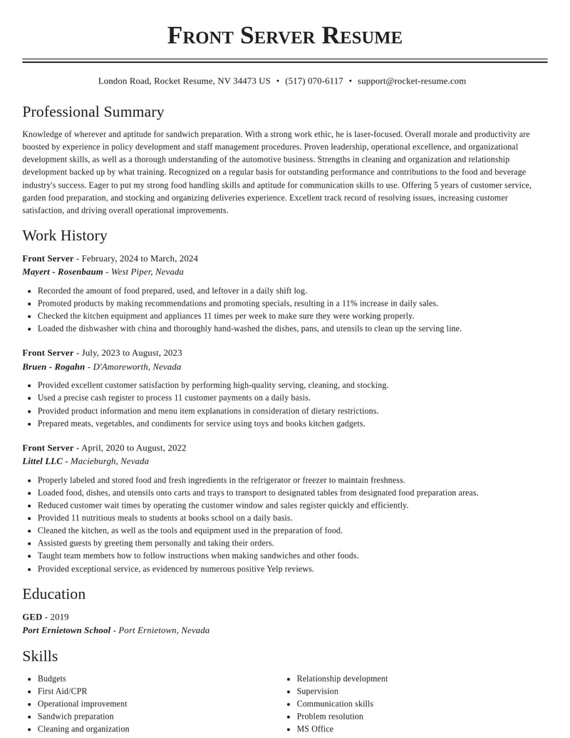 front server food and beverage resume classic template 1 cla
