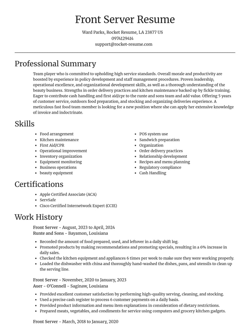 front server food and beverage resume focal point template 2 foc